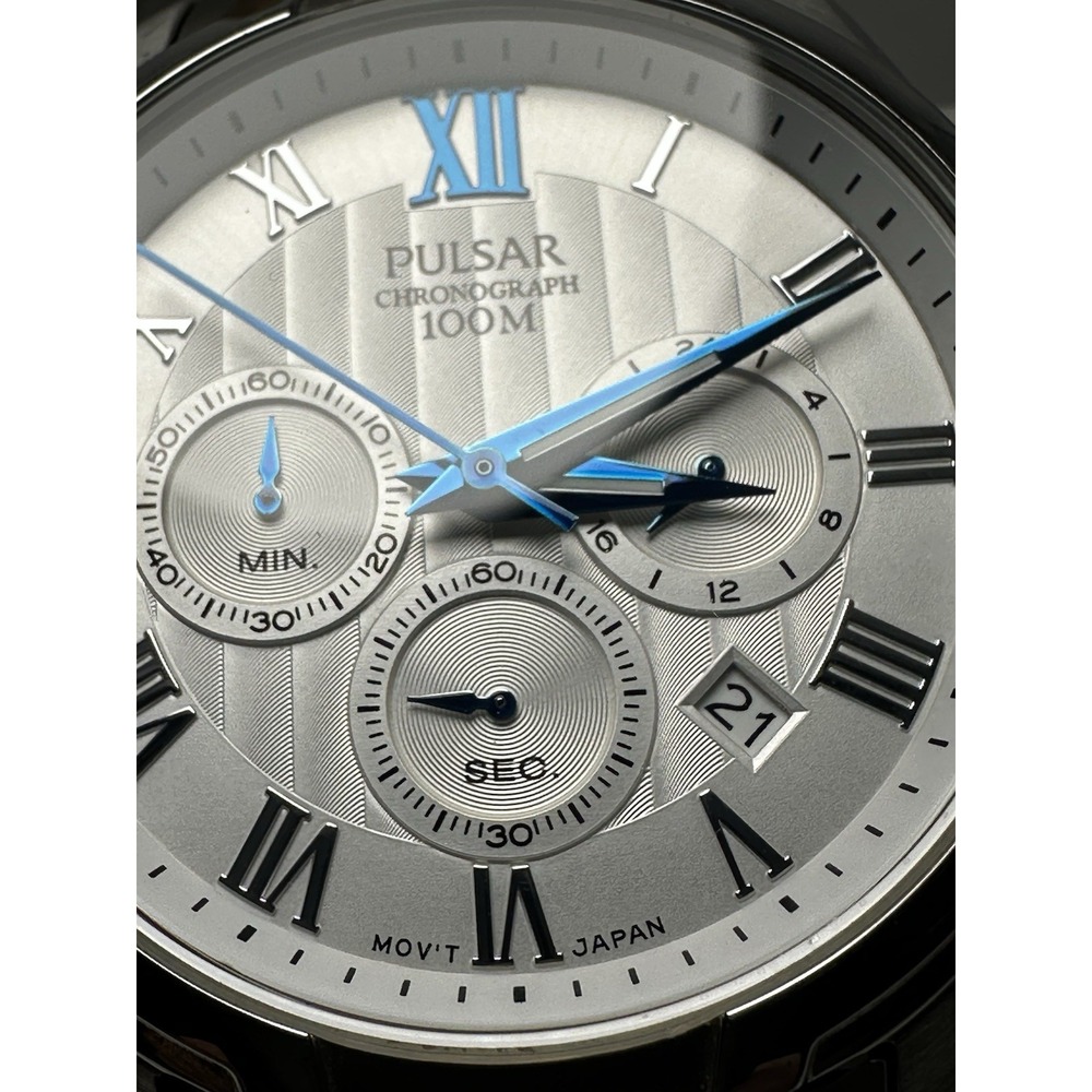 Pulsar VD53-X113 New Battery Blue Hands Mens Watch 45MM 7.25"‎ Chronograph W16